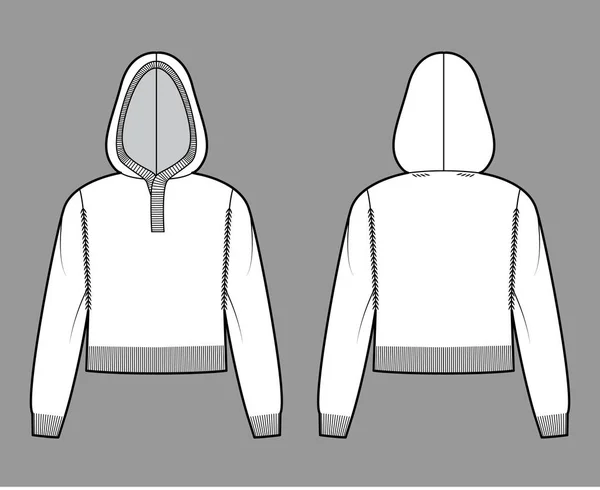Κουκούλα crop Sweater τεχνική απεικόνιση μόδας με rib henley λαιμό, μακριά μανίκια, χαλαρώστε ταιριάζει, μέση μήκος, τελειώματα — Διανυσματικό Αρχείο