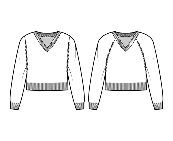 Conjunto de suéteres recortados con cuello en V ilustración técnica de moda con mangas largas raglán, longitud del muslo, ajuste de punto. Plano — Archivo Imágenes Vectoriales