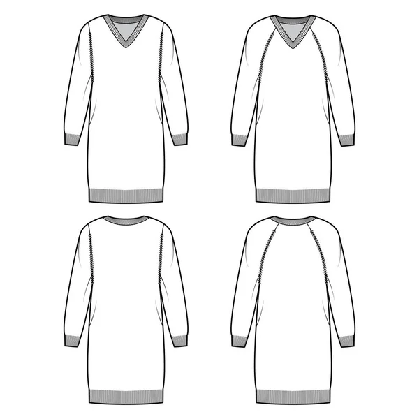 Σύνολο από V-neck φόρεμα Πουκάμισα τεχνική εικόνα μόδας με μακριά μανίκια raglan, χαλαρώστε ταιριάζει, μήκος μηρού, πλεκτό τελειώματα — Διανυσματικό Αρχείο