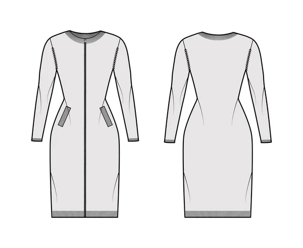 Zip-up сукня кардиган светр технічна мода ілюстрація з ребро екіпажу шиї, довгі рукави, встановлений кузов, в'язана обробка — стоковий вектор