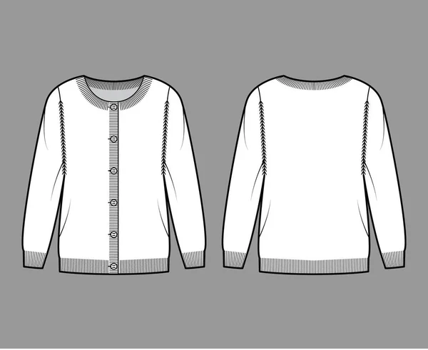 Kulatý výstřih svetr technické módní ilustrace s uzávěrem knoflíku, dlouhé rukávy, nadrozměrné, délka boku, pletený střih — Stockový vektor