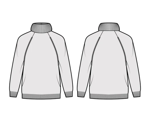 Tröja Överdriven Turtleneck teknisk mode illustration med långa raglan ärmar, överdimensionerad, höft längd, ribba trim — Stock vektor