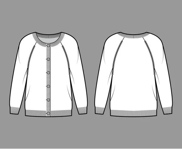 Cardigan col rond illustration de mode technique avec fermeture à bouton, manches raglan longues, oversize, longueur de hanche — Image vectorielle