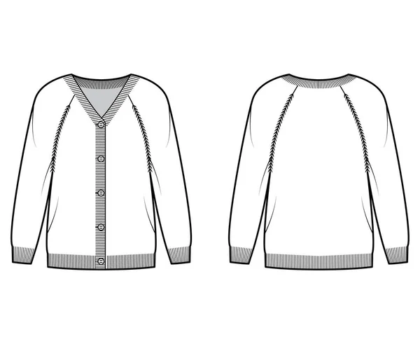 Suéter cárdigan ilustración técnica de moda con cuello en V, mangas largas raglán, de gran tamaño, longitud de la punta del dedo, ajuste de la costilla — Vector de stock