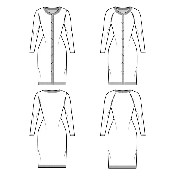 Set van Ronde hals jurk vest technische mode illustratie met lange raglan mouwen, gemonteerd lichaam, knie lengte — Stockvector