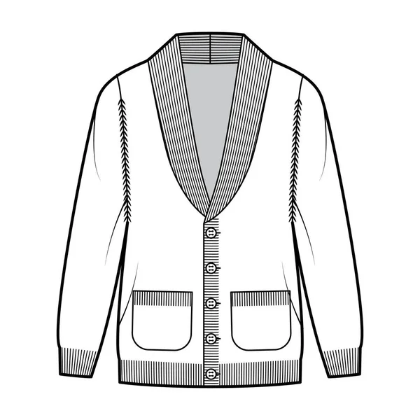 Cuello chal de cárdigan Suéter ilustración técnica de moda con mangas largas, sobredimensionado, ribete de punto, cierre de botón — Vector de stock
