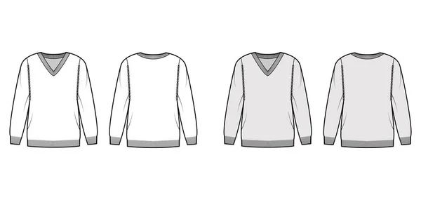 V-neck Sweater τεχνική απεικόνιση μόδας με μακριά μανίκια, oversized, μήκος ισχίου, πλεκτό rib τελειώματα. ένδυμα πουλόβερ — Διανυσματικό Αρχείο
