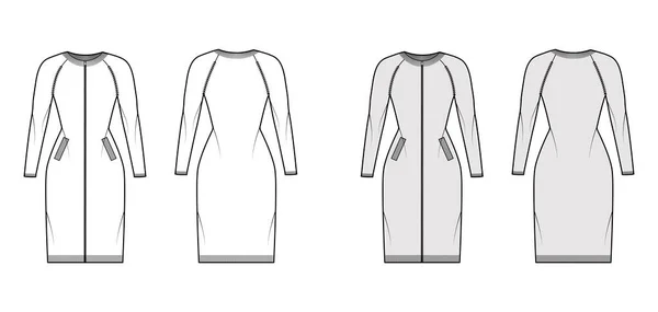 Zip-up φόρεμα ζακέτα πουλόβερ τεχνική εικόνα μόδας με το λαιμό πλήρωμα πλευρά, μανίκια raglan, εξοπλισμένο σώμα, πλεκτό τελειώματα — Διανυσματικό Αρχείο