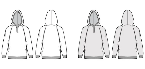 Kapuzenpullover technische Modeillustration mit Rippenausschnitt Henley, lange Raglanärmel, Übergröße, Hüftlänge, Rippenbesatz — Stockvektor