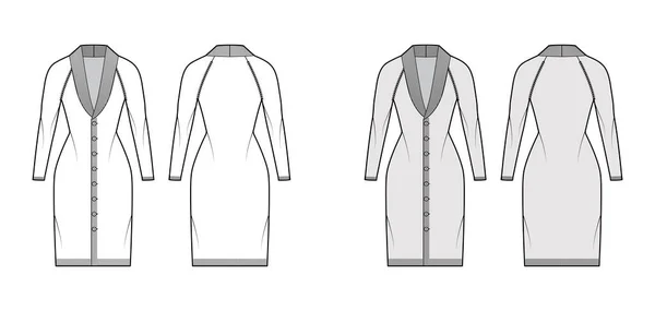 Φόρεμα ζακέτα Κολάρο σάλι Πουκάμισο τεχνική απεικόνιση μόδας με μακριά μανίκια raglan, εξοπλισμένο σώμα, τελειώματα, κλείσιμο — Διανυσματικό Αρχείο