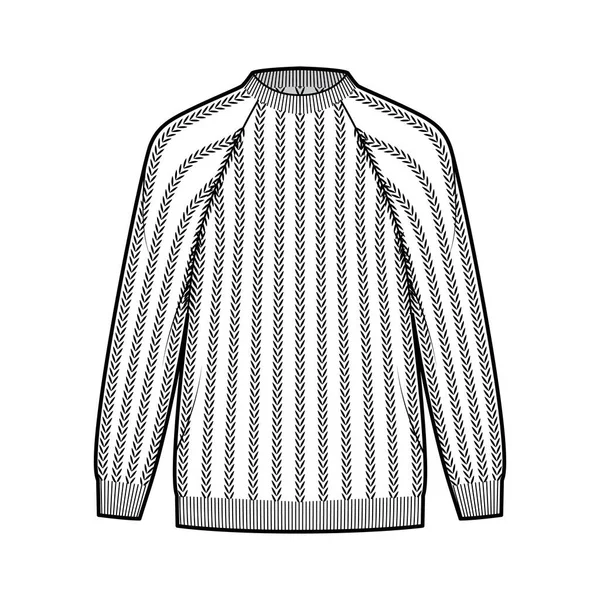 Pull côtelé illustration de mode technique avec col rond côtelé, manches raglan longues, surdimensionné, longueur de la hanche, garniture en tricot — Image vectorielle