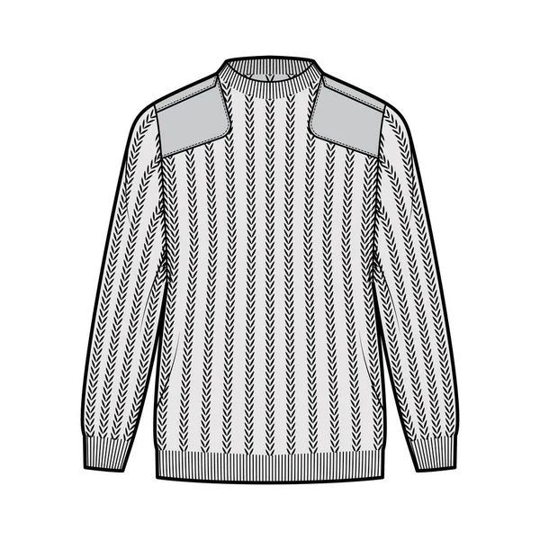 Армійський светр технічна модна ілюстрація з реберним екіпажем V-подібним вирізом, довгими рукавами, надмірною довжиною стегна, обробкою трикотажу — стоковий вектор