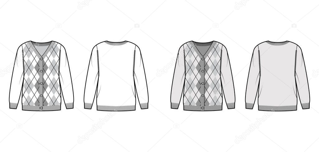 Argyle cardigan technical fashion illustration with rib V-neck, long sleeves, oversize, fingertip length, knit cuff trim