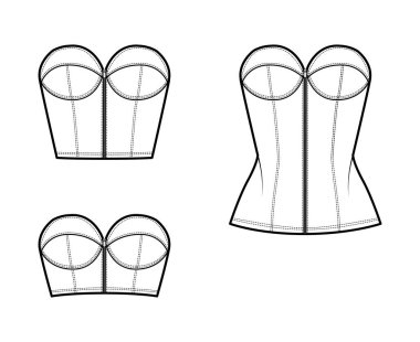 Set of Denim corset tops bustier technical fashion illustration with basque, strapless, zip-up closure, fitted body clipart