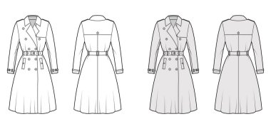 Tam Trençkot, kemerli teknik tasvirler, çift göğüslü, kollu, Napolyon yakalı, fırtına flaplı..