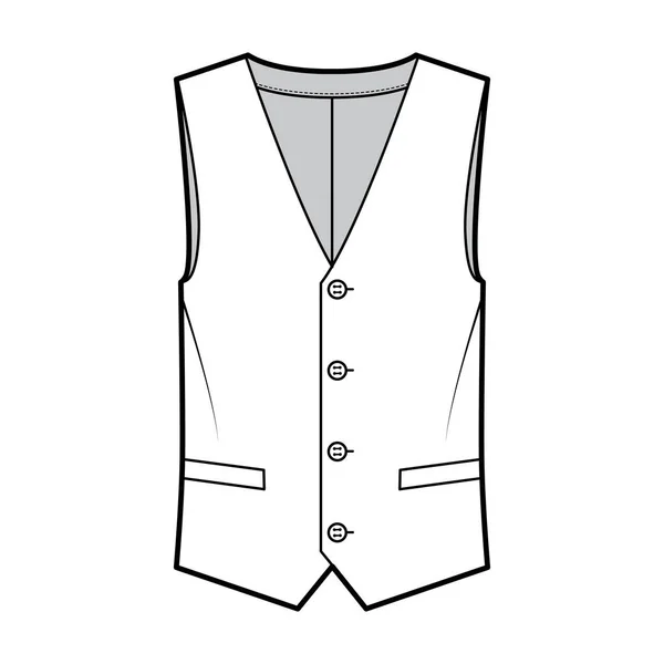 Lapelled vest waistcoat technical fashion illustration with sleeveless, notched shawl collar, button-up closure, pockets — Stock Vector