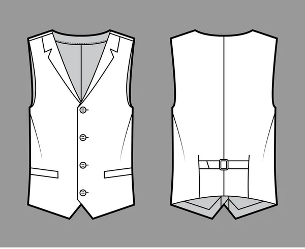 Lapelled väst väst teknisk mode illustration med ärmlös, skårad sjal krage, knapp-up stängning, fickor — Stock vektor