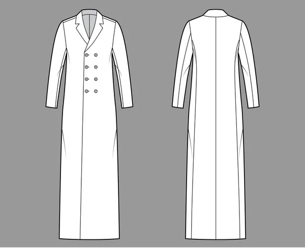 Cappotto classico illustrazione tecnica di moda con maxi lunghezza della caviglia pavimento, maniche lunghe, collo dentellato, doppio petto — Vettoriale Stock