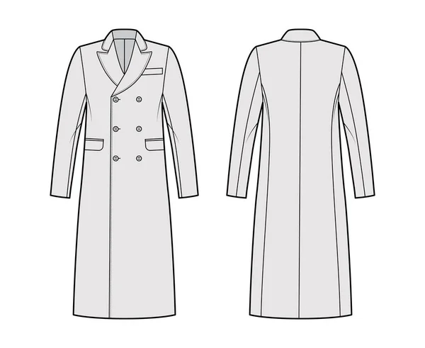 Britânico casaco quente técnica moda ilustração com peito duplo, comprimento midi, pico de gola redonda, bolsos de aba —  Vetores de Stock