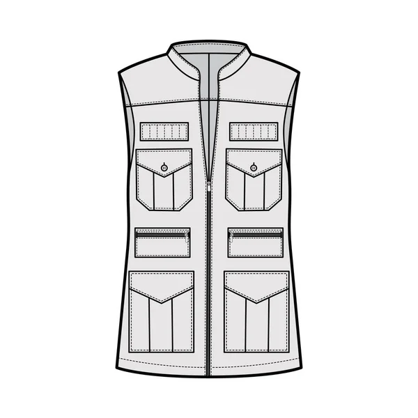 Safari vest vest technische mode illustratie met mouwloze, standaard kraag, ritssluiting, zakken, oversized — Stockvector