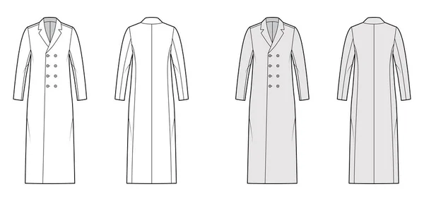 Clássico casaco técnico moda ilustração com comprimento midi, mangas compridas, gola entalhada, oversized, de peito duplo — Vetor de Stock