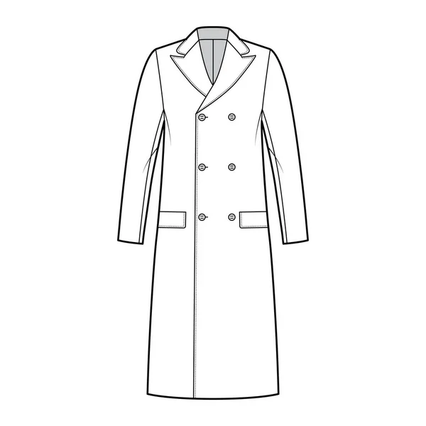 Cappotto Ulsterette illustrazione tecnica di moda con doppio petto, lunghezza del ginocchio, collo rotondo picco, tasche con patta. Piatto — Vettoriale Stock