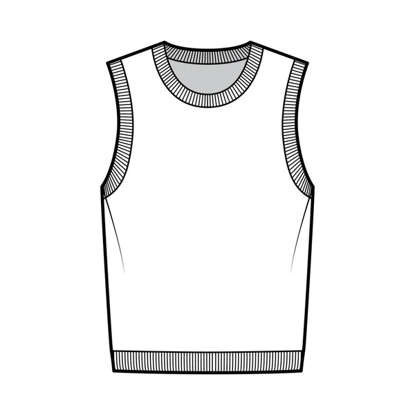 Chaleco jersey chaleco técnica moda ilustración con sin mangas, punto costilla escote redondo, cuerpo de gran tamaño. — Vector de stock