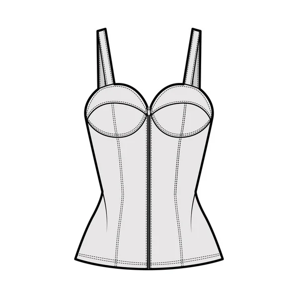 Denim corset top bustier technische mode illustratie met Baskische, dunne riemen, ritssluiting, cups, gemonteerd lichaam. — Stockvector