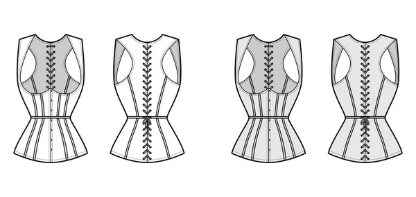 Corset gilet vest технічна мода ілюстрація з безрукавом, Корд ззаду замикання, тонкий підходять, китів одяг — стоковий вектор