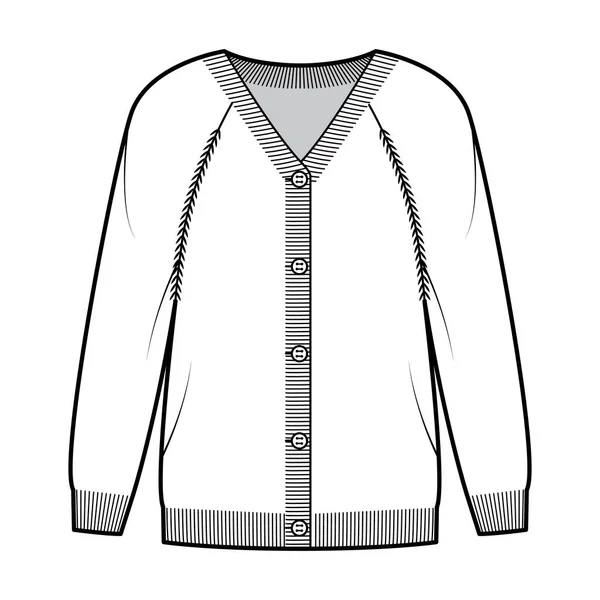 Maglione cardigan illustrazione tecnica di moda con scollo a V, maniche lunghe raglan, oversize, lunghezza punta delle dita, assetto costola — Vettoriale Stock
