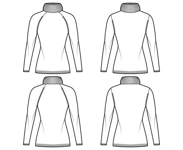 Conjunto de camisola exagerada gola alta ilustração de moda técnica com mangas de raglan longas, ajuste fino, guarnição de costela de malha — Vetor de Stock