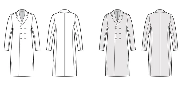 Klassieke jas technische illustratie met knie lengte, lange mouwen, gekerfde kraag, oversized, dubbele borsten — Stockvector