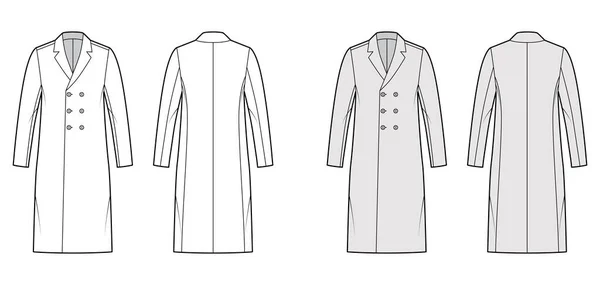 Cappotto classico illustrazione tecnica di moda con lunghezza del ginocchio, maniche lunghe, collo dentellato, oversize, doppio petto — Vettoriale Stock