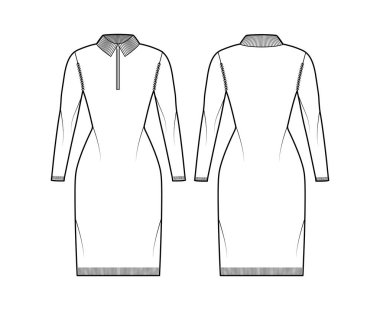 Fermuarlı süveter teknik moda çizimi Henley boyun, klasik yaka, uzun kollu, uyumlu, kalça uzunluğu