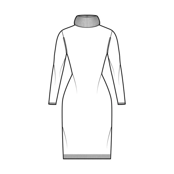 스웨스트 드레스 Exaggerated Turtleneck 기술적 패션 일러스트긴 소매, 얇은 적합, 무릎 길이 — 스톡 벡터
