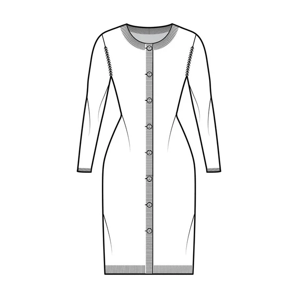 Vestido redondo cardigan ilustração de moda técnica com mangas compridas, corpo ajustado, comprimento do quadril, punho de costela de malha —  Vetores de Stock