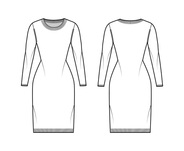 Vestido redondo pescoço camisola técnica moda ilustração com mangas compridas, corpo equipado, comprimento do joelho, tricô costela guarnição — Vetor de Stock