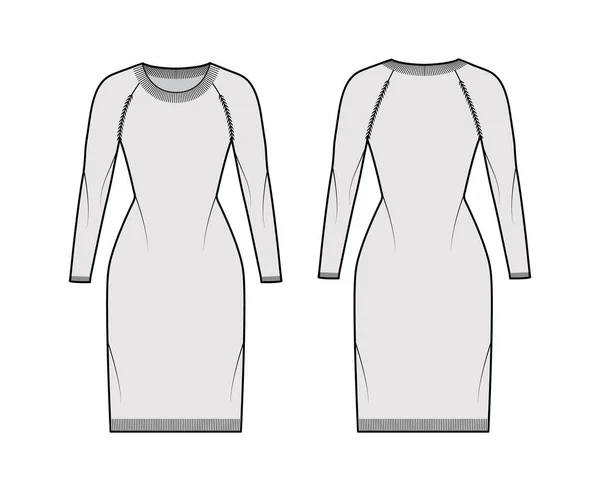 Kleid Rundhalsausschnitt Pullover technische Modeillustration mit langem Raglanärmel, tailliertem Körper, Knielänge, Strickrippenbesatz — Stockvektor