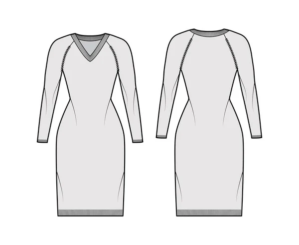 V-pescoço vestido camisola técnica moda ilustração com mangas compridas raglan, ajuste fino, comprimento do joelho, costela guarnição jumper —  Vetores de Stock