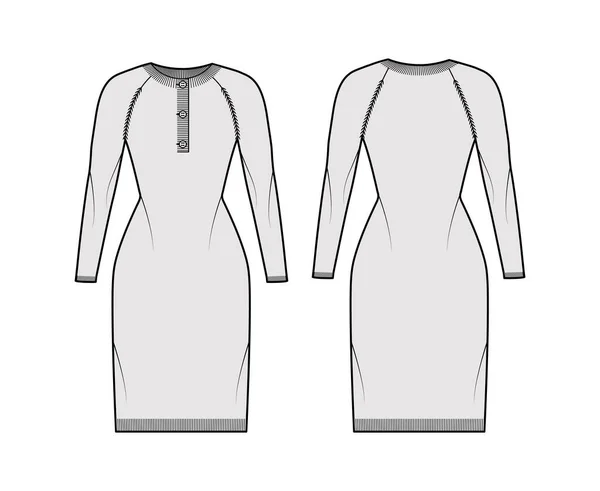 Vestido Jersey cuello henley ilustración técnica de moda con mangas largas raglán, ajuste delgado, longitud de rodilla, rib knit trim — Vector de stock