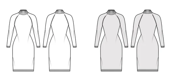 Turtleneck jurk Trui technische mode illustratie met lange mouwen, passend lichaam, knie lengte, gebreide trim. — Stockvector