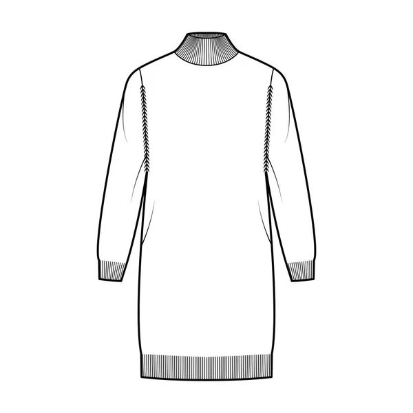 Rollkragenkleid Pullover technische Mode Illustration mit langen Ärmeln, übergroßer Körper, knielang, Strickbesatz. — Stockvektor