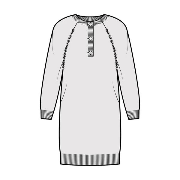 Φόρεμα Sweater henley λαιμό τεχνική εικόνα μόδας με μακριά μανίκια raglan, χαλαρώστε ταιριάζει, γόνατο μήκος, rib τελειώματα Flat — Διανυσματικό Αρχείο