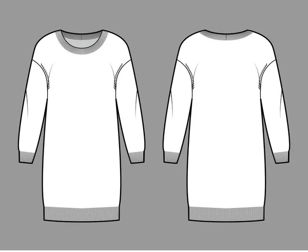 Vestido Cuello redondo Jersey técnica moda ilustración con caída de manga larga, relajar el cuerpo, longitud de la rodilla, rib trim — Vector de stock
