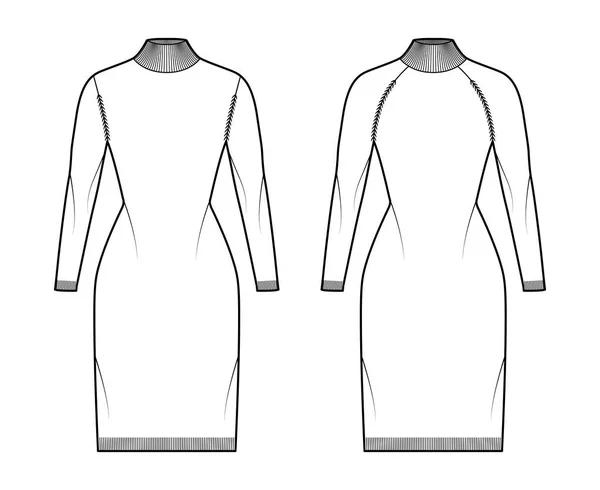 Conjunto de vestido jerséis cuello alto ilustración técnica de moda con mangas largas raglán, cuerpo ajustado, longitud de rodilla, ajuste — Archivo Imágenes Vectoriales