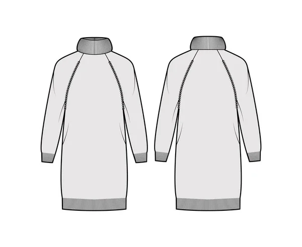 Vestido de camisola Exagerado gola alta ilustração de moda técnica com mangas compridas raglan, relaxar em forma, comprimento do joelho —  Vetores de Stock