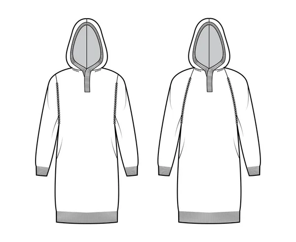 Ensemble de robes à capuche Pulls illustration de mode technique avec col henley, manches raglan, coupe relax, longueur de la hanche — Image vectorielle