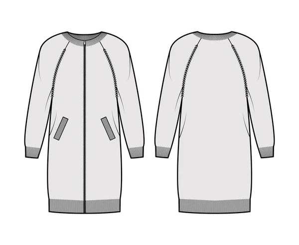 Zip-up vestido casaco de lã suéter técnica moda ilustração com costela tripulação pescoço, mangas raglan longos, oversized, bolso —  Vetores de Stock