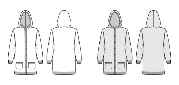 Jurk Hooded vest jurk Trui technische mode illustratie met rib hals, lange mouwen, relax fit, knie lengte — Stockvector