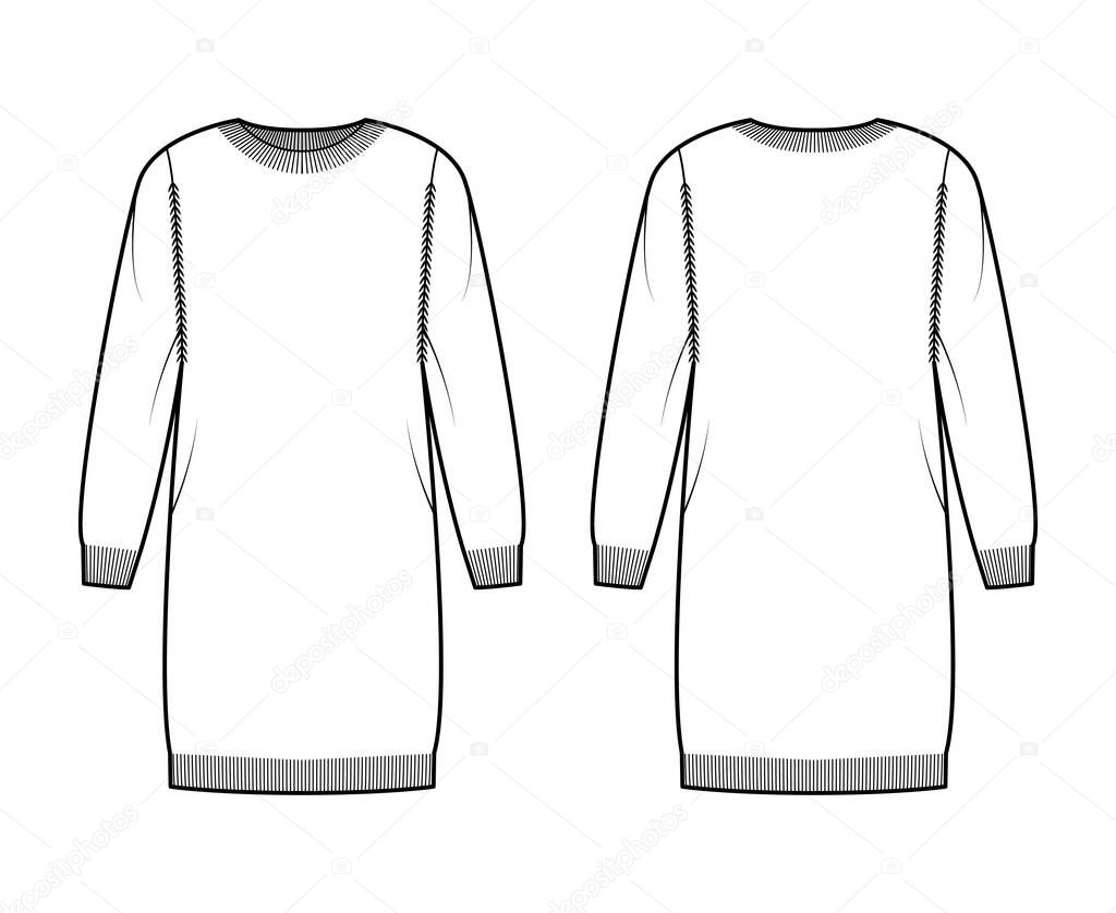 Crew neck dress Sweater technical fashion illustration with long sleeves, relax fit, knee length, knit rib trim jumper